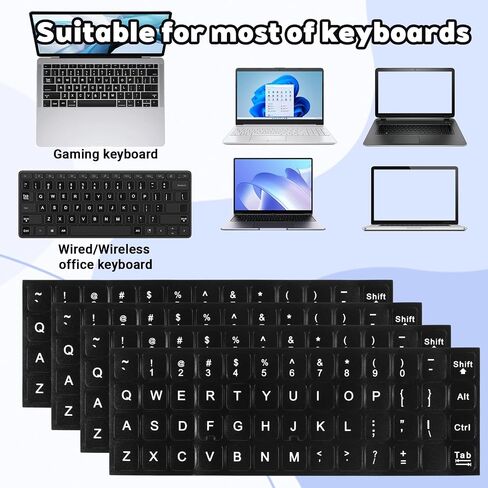 4Pcs Universal English Keyboard Letter Stickers, Replacement Keyboard Letters Sticker, Black Background White Lettering for PC Laptop Desktop Computer in Kuwait