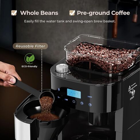 Drip Coffee Maker with Built In Grinder, 10-Cup Grind and Brew Coffee Machine Fully Automatic, Programmable with Brew Strength, Permanent Filter, Glass Carafe, 50oz Water Tank, Ideal for Home/Office in Kuwait