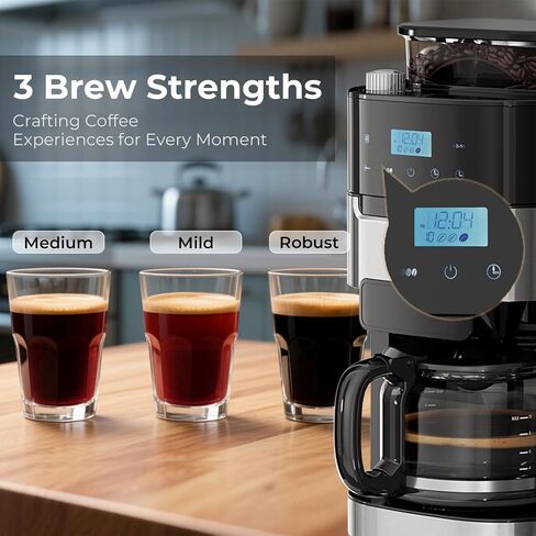 Drip Coffee Maker with Built In Grinder, 10-Cup Grind and Brew Coffee Machine Fully Automatic, Programmable with Brew Strength, Permanent Filter, Glass Carafe, 50oz Water Tank, Ideal for Home/Office in Kuwait