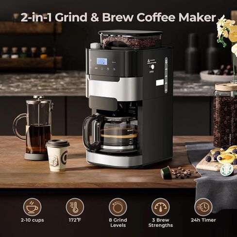 Drip Coffee Maker with Built In Grinder, 10-Cup Grind and Brew Coffee Machine Fully Automatic, Programmable with Brew Strength, Permanent Filter, Glass Carafe, 50oz Water Tank, Ideal for Home/Office in Kuwait