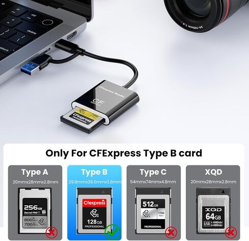 CFexpress Type B Card Reader with USB 3.2 (Gen 2) 10Gbps, USB-C&USB-A 2-in-1 Type B CFexpress Adapter, Compatible with Windows/Mac/Linux/Android, for PC, iPhone 17/16/15, Laptops, Tablets, Smartphones in Kuwait