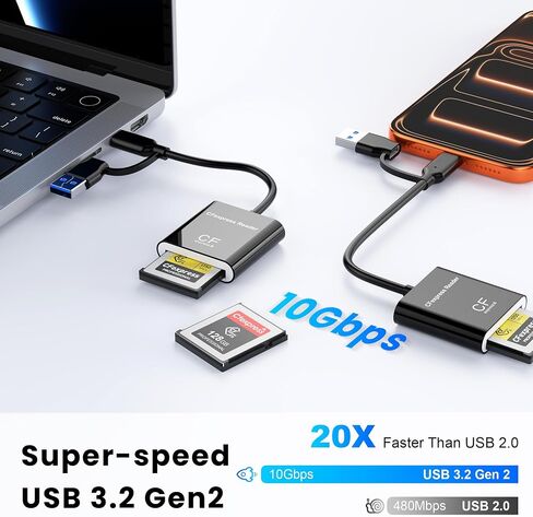 CFexpress Type B Card Reader with USB 3.2 (Gen 2) 10Gbps, USB-C&USB-A 2-in-1 Type B CFexpress Adapter, Compatible with Windows/Mac/Linux/Android, for PC, iPhone 17/16/15, Laptops, Tablets, Smartphones in Kuwait