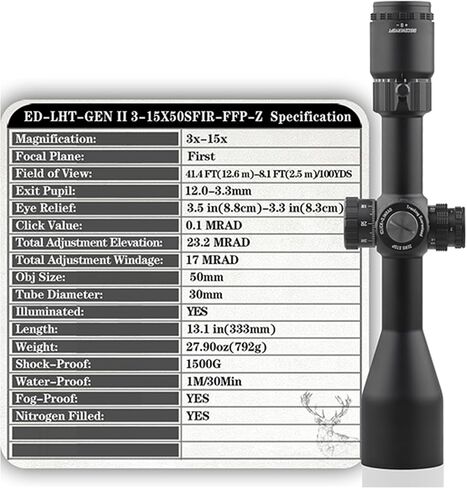 DISCOVERYOPT ED-LHT GEN2 3-15X50SFIR Rifle Scope FFP,30mm Tube,Red Illumination (6 Levels),0.1MRAD Reticle, Waterproof & Fogproof, Lightweight for Hunting in Kuwait