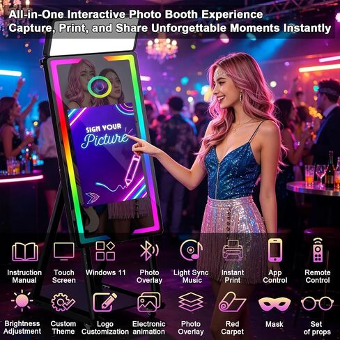 Magic Mirror Photo Booth with Printer 45-22" Touch Screen DSLR Photo Booth with RGB Light Instant Printing and Sharing Professional PhotoBooth for Party in Kuwait