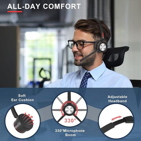 MAIRDI Wireless Headset with Microphone for PC, 5.2 Bluetooth Headset with Mic Noise Canceling for Truck Driver Office Call Center, 40H Play Time, Bluetooth Phone Headset for Teams Skype Zoom Jabber in Kuwait