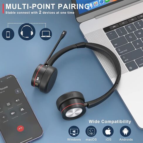 MAIRDI Wireless Headset with Microphone for PC, 5.2 Bluetooth Headset with Mic Noise Canceling for Truck Driver Office Call Center, 40H Play Time, Bluetooth Phone Headset for Teams Skype Zoom Jabber in Kuwait