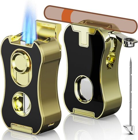 6-in-1 Butane Torch Lighter with Quad Jet Flame, V & Straight Cutter, Holder, Punch, Draw Enhancer, Windproof Cool Lighters, Refillable Butane Lighter with Gift Box, Gifts for Men, Candle, Travel in Kuwait
