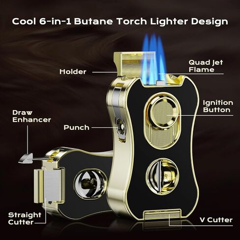 6-in-1 Butane Torch Lighter with Quad Jet Flame, V & Straight Cutter, Holder, Punch, Draw Enhancer, Windproof Cool Lighters, Refillable Butane Lighter with Gift Box, Gifts for Men, Candle, Travel in Kuwait