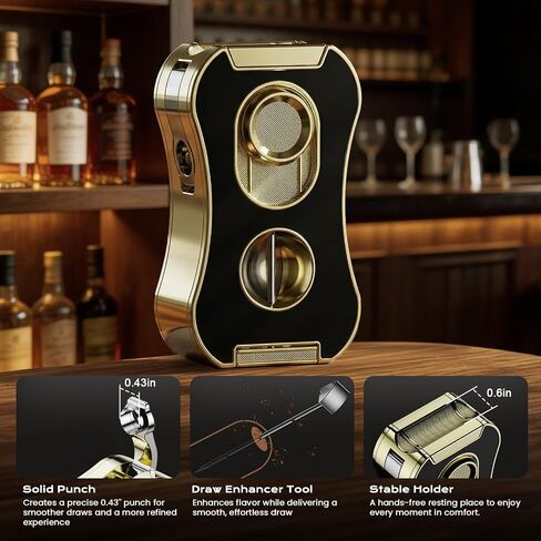 6-in-1 Butane Torch Lighter with Quad Jet Flame, V & Straight Cutter, Holder, Punch, Draw Enhancer, Windproof Cool Lighters, Refillable Butane Lighter with Gift Box, Gifts for Men, Candle, Travel in Kuwait