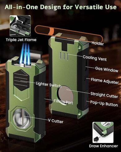 5-in-1 Torch Lighter with Triple Windproof Flame, V Cutter & Straight Cutter, Draw Enhancer Tool and Holder, Refillable Butane Torch Lighter in Gift Box for Men, All-in-one Cool Lighters for Candles in Kuwait