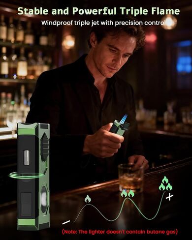 5-in-1 Torch Lighter with Triple Windproof Flame, V Cutter & Straight Cutter, Draw Enhancer Tool and Holder, Refillable Butane Torch Lighter in Gift Box for Men, All-in-one Cool Lighters for Candles in Kuwait