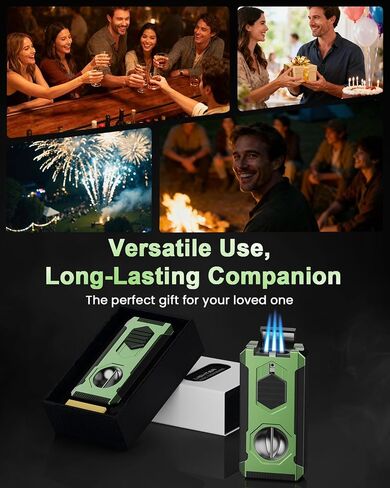 5-in-1 Torch Lighter with Triple Windproof Flame, V Cutter & Straight Cutter, Draw Enhancer Tool and Holder, Refillable Butane Torch Lighter in Gift Box for Men, All-in-one Cool Lighters for Candles in Kuwait