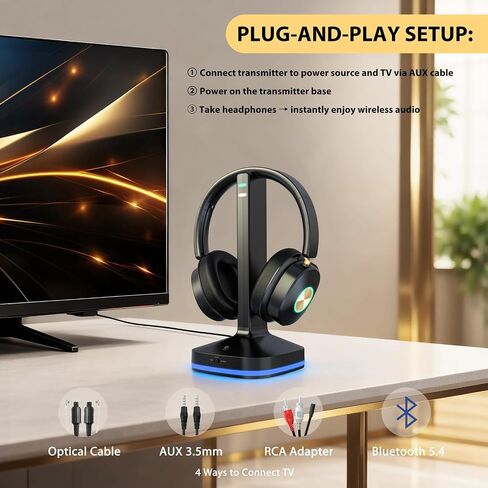 Wireless Headphones for TV Watching, TV Headphones Wireless for Seniors with Low Latency , V5.4 Over Ear Headphones with Digital Optical RCA AUX 3.5 MM Transmitter Charging Dock, for Elderly Seniors in Kuwait