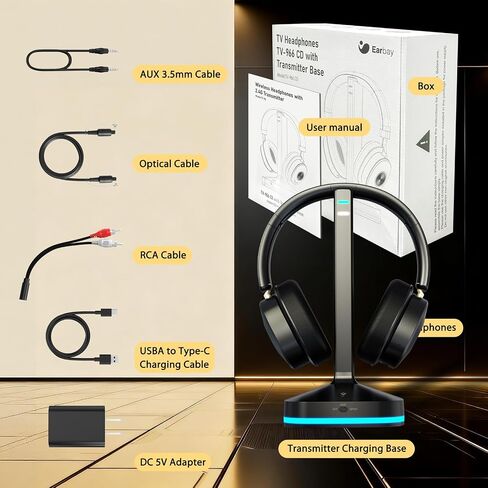 Wireless Headphones for TV Watching, TV Headphones Wireless for Seniors with Low Latency , V5.4 Over Ear Headphones with Digital Optical RCA AUX 3.5 MM Transmitter Charging Dock, for Elderly Seniors in Kuwait