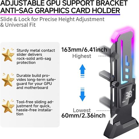 ARGB GPU Support Bracket with CPU & GPU Temp/Usage Display, Adjustable Height GPU Sag Bracket with Magnet & Non-Slip Base for Video Card, Universal Graphics Card Support, 5V3PIN RGB GPU Brace in Kuwait