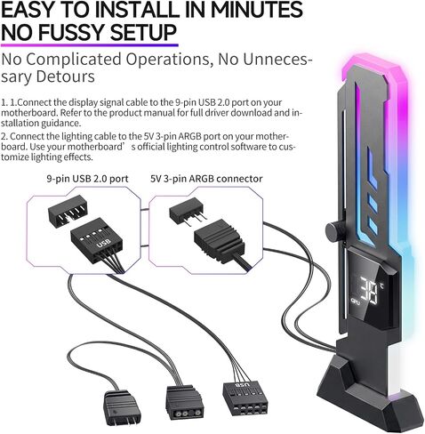 ARGB GPU Support Bracket with CPU & GPU Temp/Usage Display, Adjustable Height GPU Sag Bracket with Magnet & Non-Slip Base for Video Card, Universal Graphics Card Support, 5V3PIN RGB GPU Brace in Kuwait