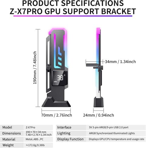 ARGB GPU Support Bracket with CPU & GPU Temp/Usage Display, Adjustable Height GPU Sag Bracket with Magnet & Non-Slip Base for Video Card, Universal Graphics Card Support, 5V3PIN RGB GPU Brace in Kuwait