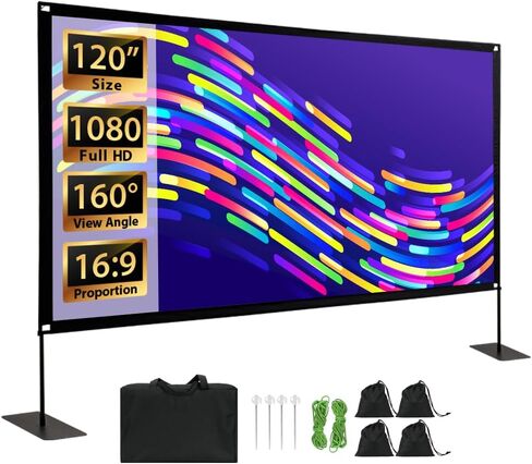 Projector Screen with Stand, Tool Free 120 inch Outdoor 16:9 4K Front Rear HD Portable Projector Screen Indoor Foldable Movie Screen with Carry Bag, Sandbag for Home Backyard, Camping, Theater in Kuwait
