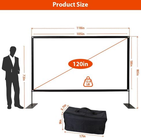 Projector Screen with Stand, Tool Free 120 inch Outdoor 16:9 4K Front Rear HD Portable Projector Screen Indoor Foldable Movie Screen with Carry Bag, Sandbag for Home Backyard, Camping, Theater in Kuwait