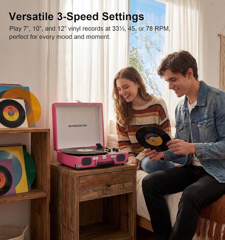 Pink Bluetooth Record Player, 3-Speed Suitcase Turntable in Kuwait