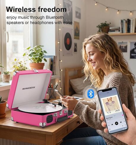 Pink Bluetooth Record Player, 3-Speed Suitcase Turntable in Kuwait