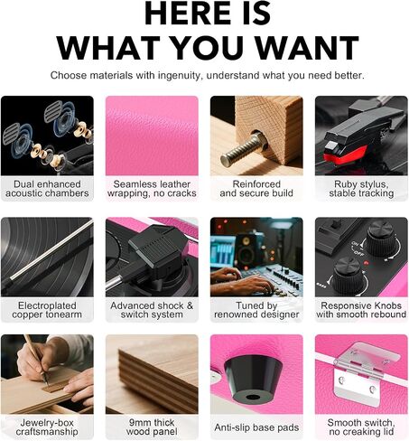 Pink Bluetooth Record Player, 3-Speed Suitcase Turntable in Kuwait