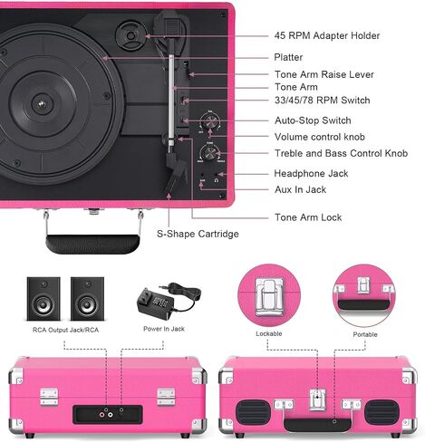 Pink Bluetooth Record Player, 3-Speed Suitcase Turntable in Kuwait