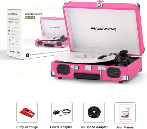 Pink Bluetooth Record Player, 3-Speed Suitcase Turntable in Kuwait