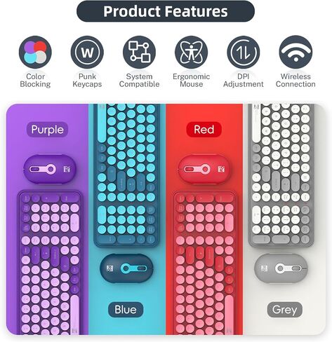 Wireless Keyboard and Mouse Combo, Retro Round Keycaps Dual-Color Design, 104 Keys Compact Full-Size, 2.4G USB, 3-Level DPI, Multimedia Keys, for Windows/Mac PC Laptop (Red) in Kuwait