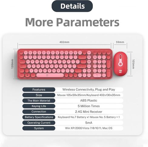Wireless Keyboard and Mouse Combo, Retro Round Keycaps Dual-Color Design, 104 Keys Compact Full-Size, 2.4G USB, 3-Level DPI, Multimedia Keys, for Windows/Mac PC Laptop (Red) in Kuwait