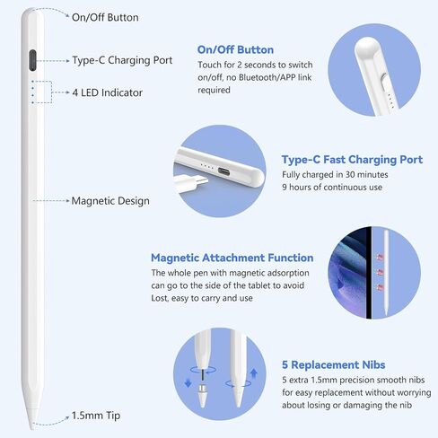 Stylus Pen for Touch Screen,2X Super Fast Charge Stylus Pen for/Tablet/Phone, Android, High Precision Magnetic Universal Stylus Pencil for Android (White) in Kuwait