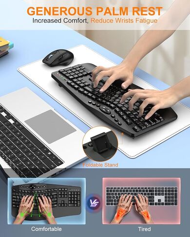 Ergonomic Wireless Keyboard and Mouse Combo, 2.4GHz Full Size Wave Keys Computer Keyboard with Wrist Rest for Natural Typing, Silent 6 Button USB Mouse for Laptop PC Windows Mac (Black) in Saudi Arabia
