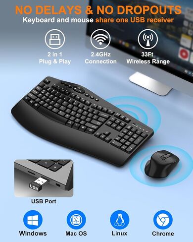 Ergonomic Wireless Keyboard and Mouse Combo, 2.4GHz Full Size Wave Keys Computer Keyboard with Wrist Rest for Natural Typing, Silent 6 Button USB Mouse for Laptop PC Windows Mac (Black) in Saudi Arabia