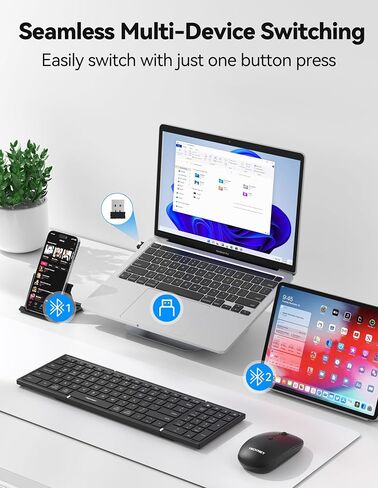 TECKNET Foldable Bluetooth Keyboard and Mouse Combo, Wireless Keyboard Mouse, Rechargeable 2.4G & Dual Bluetooth Travel Keyboard Mouse Set for Business Travel, Compatible with Windows/Mac/iOS/Android in Saudi Arabia