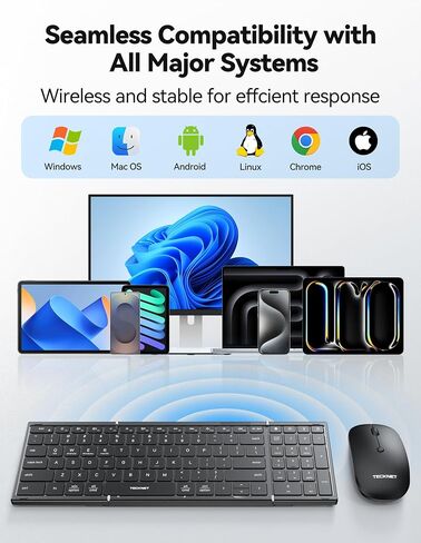 TECKNET Foldable Bluetooth Keyboard and Mouse Combo, Wireless Keyboard Mouse, Rechargeable 2.4G & Dual Bluetooth Travel Keyboard Mouse Set for Business Travel, Compatible with Windows/Mac/iOS/Android in Saudi Arabia