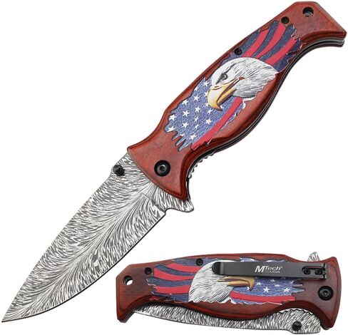MTECH USA Folding Pocket Knife, 8.6" Overall Length, American Eagle Design, Acid Etched Blade, Aluminum Handle, EDC, Camping, Rescue in Kuwait