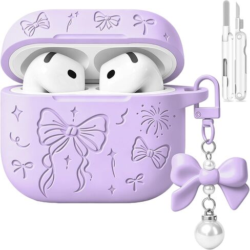 for Airpods 4 Case Cover, Joremx Cute Bow Engraved Silicone Protective Case Cover with Keychain, Cleaner Kit for AirPods 4th Generation Case 2024 (Sakura Pink) in Kuwait