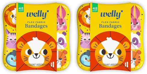 Welly Bandages | Adhesive Flexible Fabric Bravery Badges | Assorted Shapes for Minor Cuts, Scrapes, and Wounds | Colorful and Fun First Aid Tin | Zoo Animals Patterns - 48 Count in Kuwait