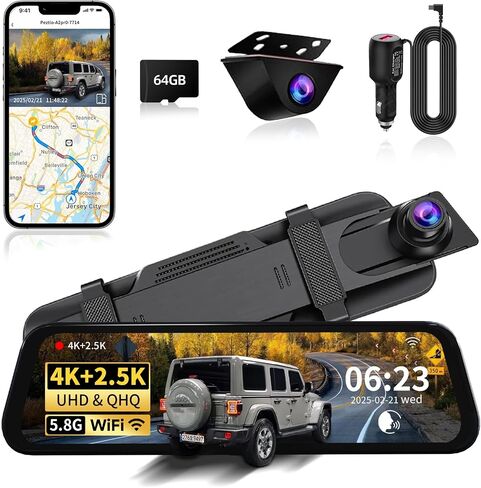 Mirror Dual Dash Camera for Car, Dashcam 4K Front 2.5K IMX335 Rear View/ADAS BSD LCA Wi-Fi&APP WDR Night Vision G-Sensor Loop Recording Parking Monitor 64GB Card in Kuwait