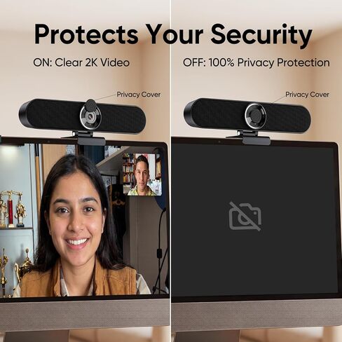 Inwa 2K Webcam Computer Speaker with Microphone, Privacy Shutter, Clip-On in Kuwait