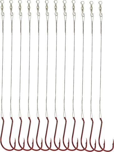 100pcs Red Octopus Fishing Hooks with Steel Wire Leaders - Pre-Tied Circle Fishing Hook for Toothy Fish, High Carbon Steel Snelled Rigs for Catfish, Trout, Pike, Muskie - Sizes 1/0-10/0 in Kuwait