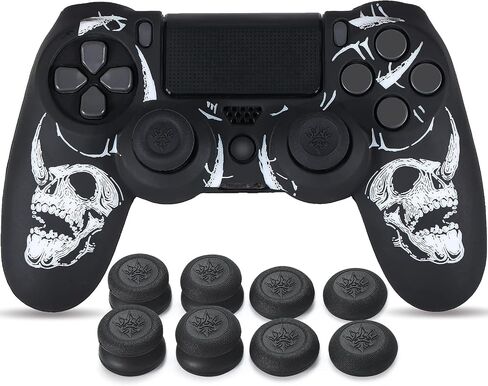 YoRHa Laser Carving Silicone Skin for PS4 Controller x 1(Skulls White) with Exclusive Thumb Grips x 8 in Kuwait