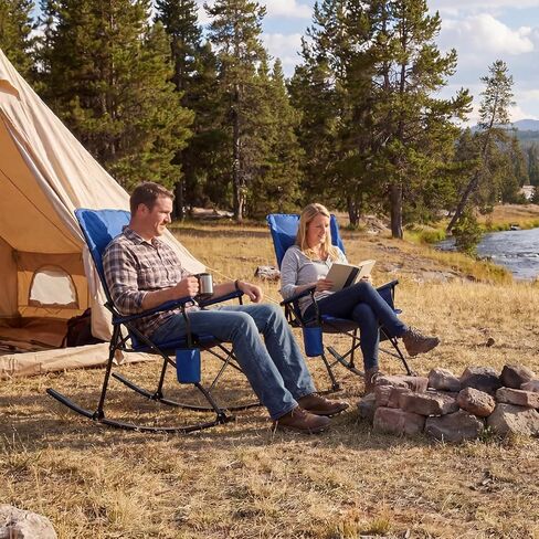 Romswi 2 Pack Folding Rocking Camping Chairs for Adults, Heavy Duty Outdoor Rocker with Breathable High Mesh Back, Hard Armrests, Portable Lawn Chair Supports 400 lbs, Blue in Kuwait