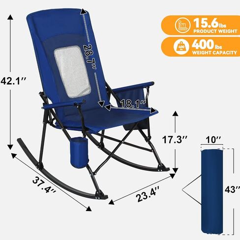 Romswi 2 Pack Folding Rocking Camping Chairs for Adults, Heavy Duty Outdoor Rocker with Breathable High Mesh Back, Hard Armrests, Portable Lawn Chair Supports 400 lbs, Blue in Kuwait