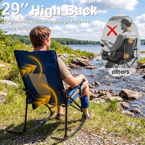 Romswi 2 Pack Folding Rocking Camping Chairs for Adults, Heavy Duty Outdoor Rocker with Breathable High Mesh Back, Hard Armrests, Portable Lawn Chair Supports 400 lbs, Blue in Kuwait