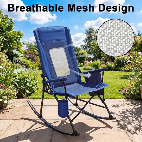 Romswi 2 Pack Folding Rocking Camping Chairs for Adults, Heavy Duty Outdoor Rocker with Breathable High Mesh Back, Hard Armrests, Portable Lawn Chair Supports 400 lbs, Blue in Kuwait