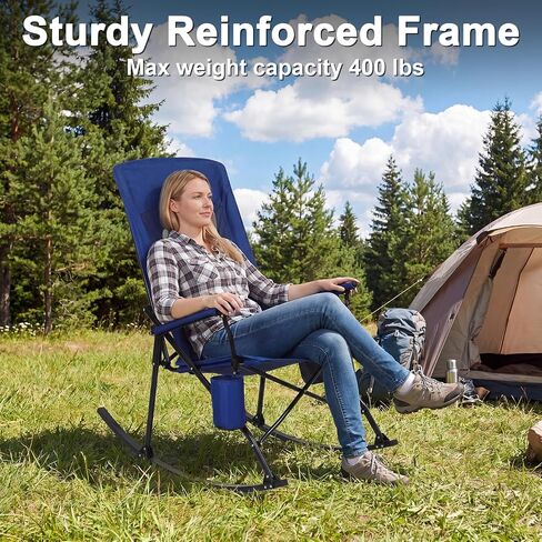 Romswi 2 Pack Folding Rocking Camping Chairs for Adults, Heavy Duty Outdoor Rocker with Breathable High Mesh Back, Hard Armrests, Portable Lawn Chair Supports 400 lbs, Blue in Kuwait