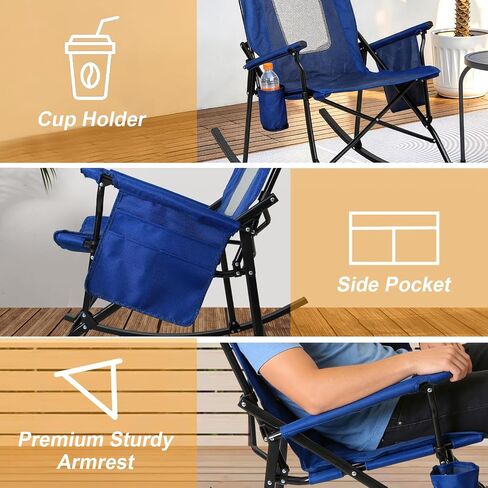 Romswi 2 Pack Folding Rocking Camping Chairs for Adults, Heavy Duty Outdoor Rocker with Breathable High Mesh Back, Hard Armrests, Portable Lawn Chair Supports 400 lbs, Blue in Kuwait