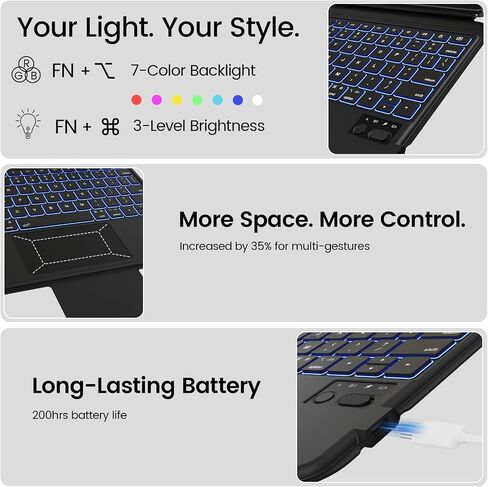 for iPad A16 11th/ 10th Generation Case with Keyboard, Rotatable & Detachable Keyboard Case for iPad 10th, Portrait/Landscape Stand, 7-Colors Backlight Keypad with Multi-Touch Trackpad, Black in Kuwait