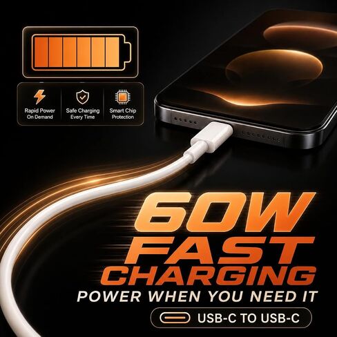 3 Pack 6FT 60W USB-C to USB-C Fast Charging Cable for iPhone 17 Samsung S26 in Kuwait